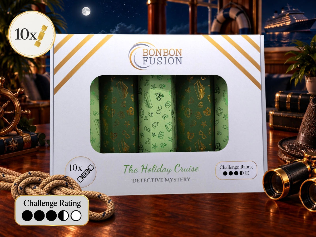 Bonbon Fusion Holiday Cruise Detective Mystery pack of 10 green and gold Christmas bonbons, displayed with rope and binoculars against a moonlit cruise ship backdrop. Challenge rating: 3.5 out of 5.