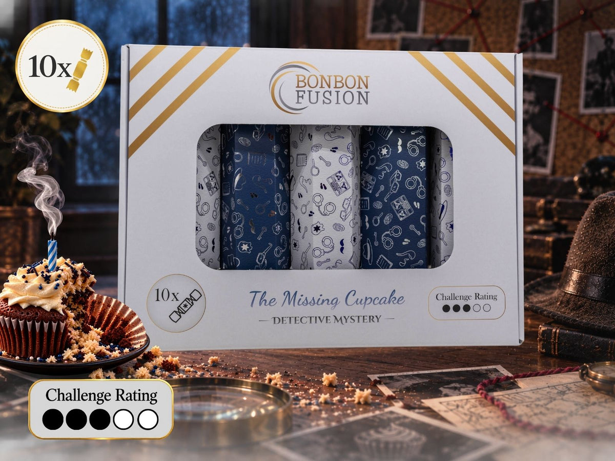 Bonbon Fusion The Missing Cupcake Detective Mystery pack of ten navy and white Christmas bonbons on a detective's desk beside a half-eaten cupcake with a blown-out candle, a fedora, magnifying glass and case photos, with a challenge rating of 3 out of 5