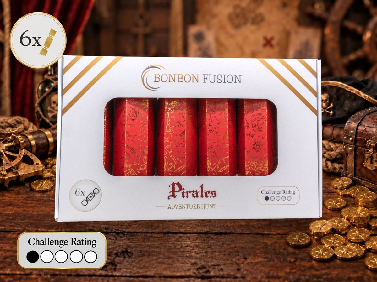 Bonbon Fusion Pirates Adventure Hunt pack of six red and gold foil Christmas bonbons in a pirate-themed setting with a treasure chest, gold coins, a skull and crossbones bottle and a treasure map, with a challenge rating of 1 out of 5