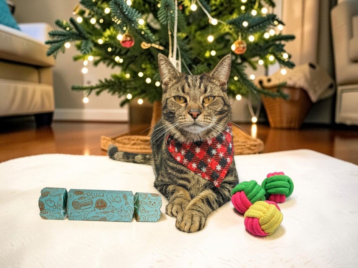 Tabby cat wearing a red plaid Christmas bandana lying beside a Bonbon Fusion Felix pet Christmas bonbon in teal with cat and fish illustrations, with colourful rope toy balls in front of a lit Christmas tree