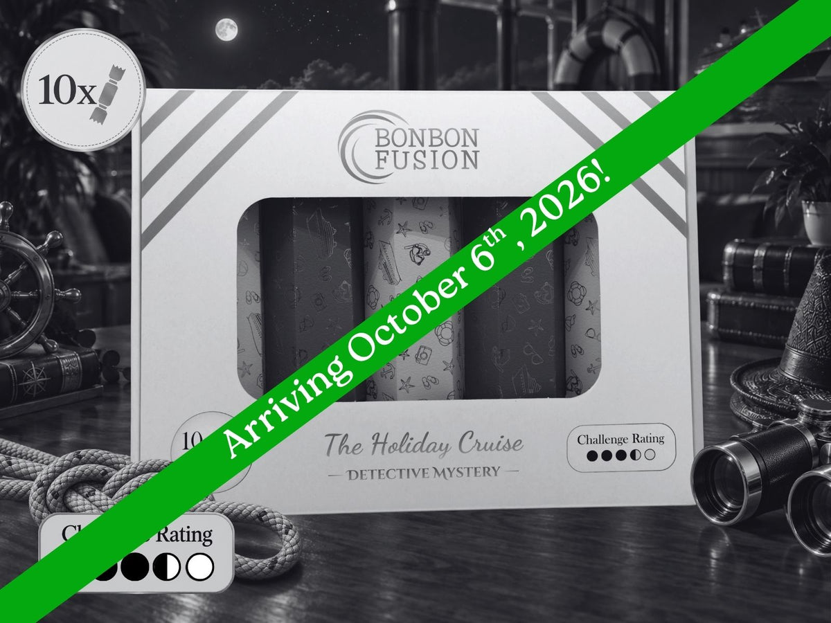 Bonbon Fusion Holiday Cruise Detective Mystery pack of 10 Christmas bonbons, with a green banner announcing “Arriving October 6th, 2026!”

