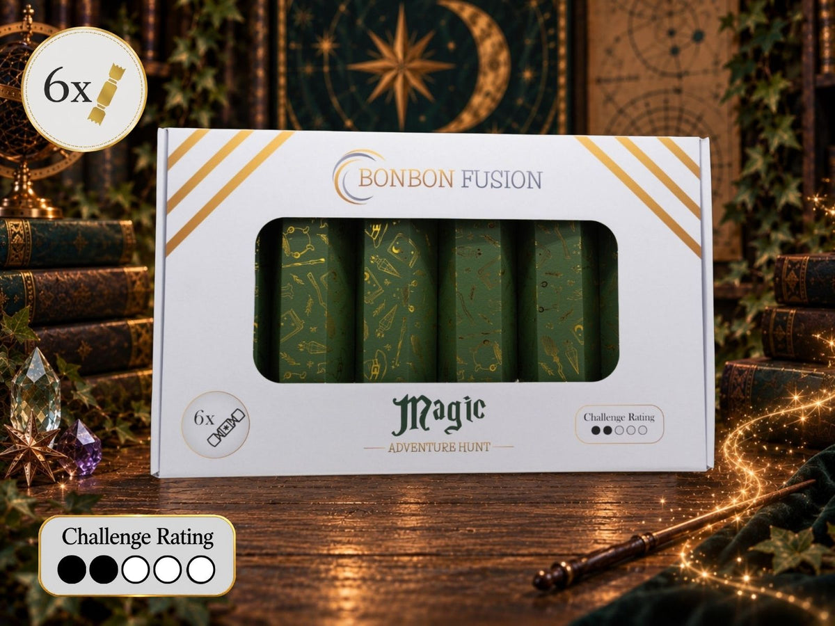 Bonbon Fusion Magic Adventure Hunt pack of six green and gold foil Christmas bonbons in a wizard's study with spell books, crystals, ivy and a sparkling magic wand, with a challenge rating of 2 out of 5