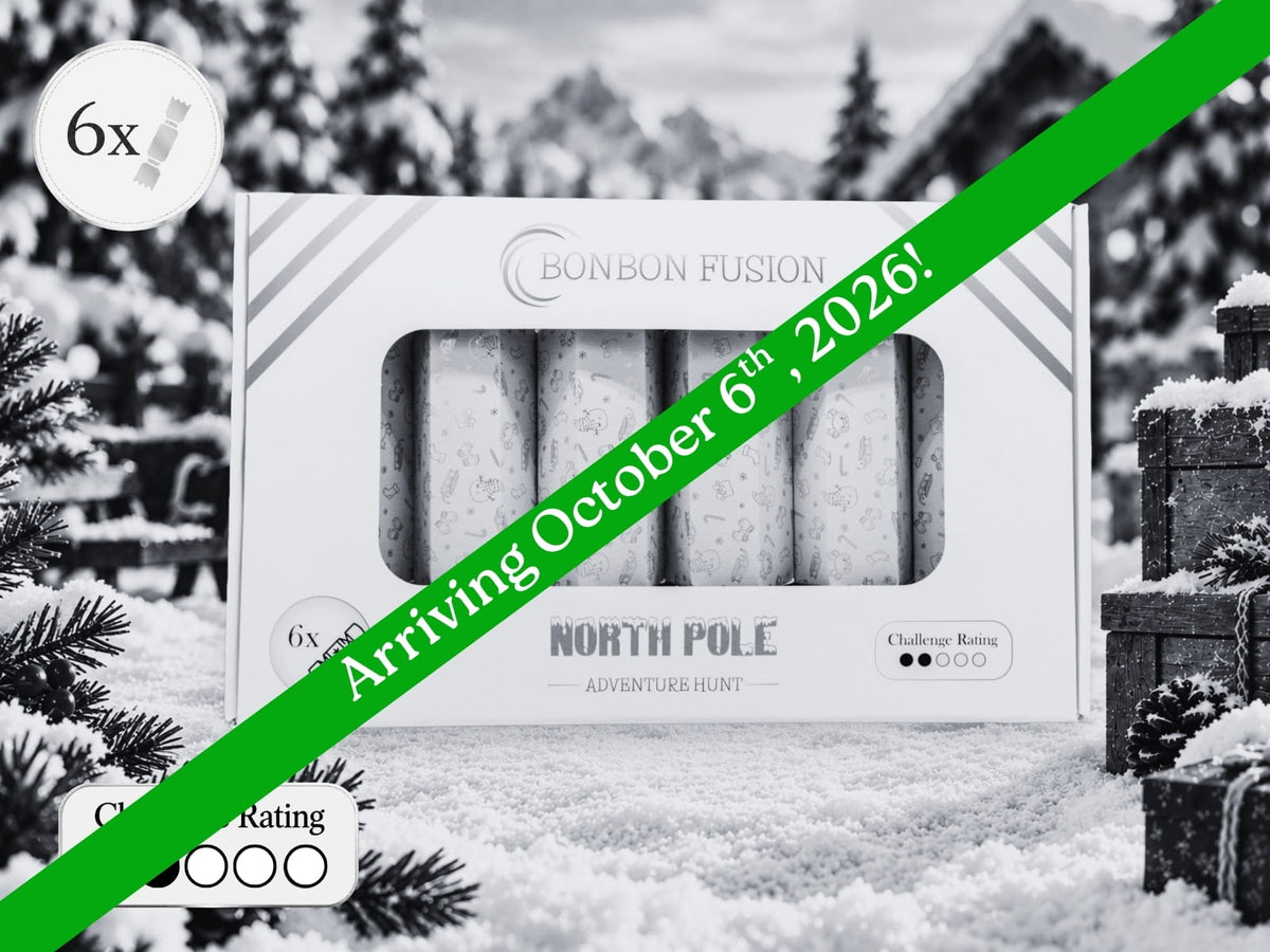 Bonbon Fusion North Pole Adventure Hunt pack of six Christmas bonbons in a snowy forest setting, with a green banner reading “Arriving October 6th, 2026!