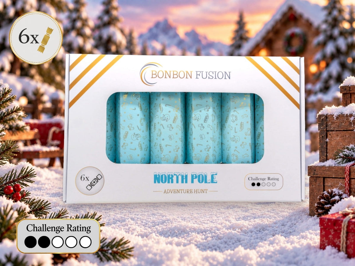 Bonbon Fusion North Pole Adventure Hunt pack of six light blue and gold Christmas bonbons in a snowy village setting, with fir trees, wrapped gifts and a challenge rating of two out of five.
