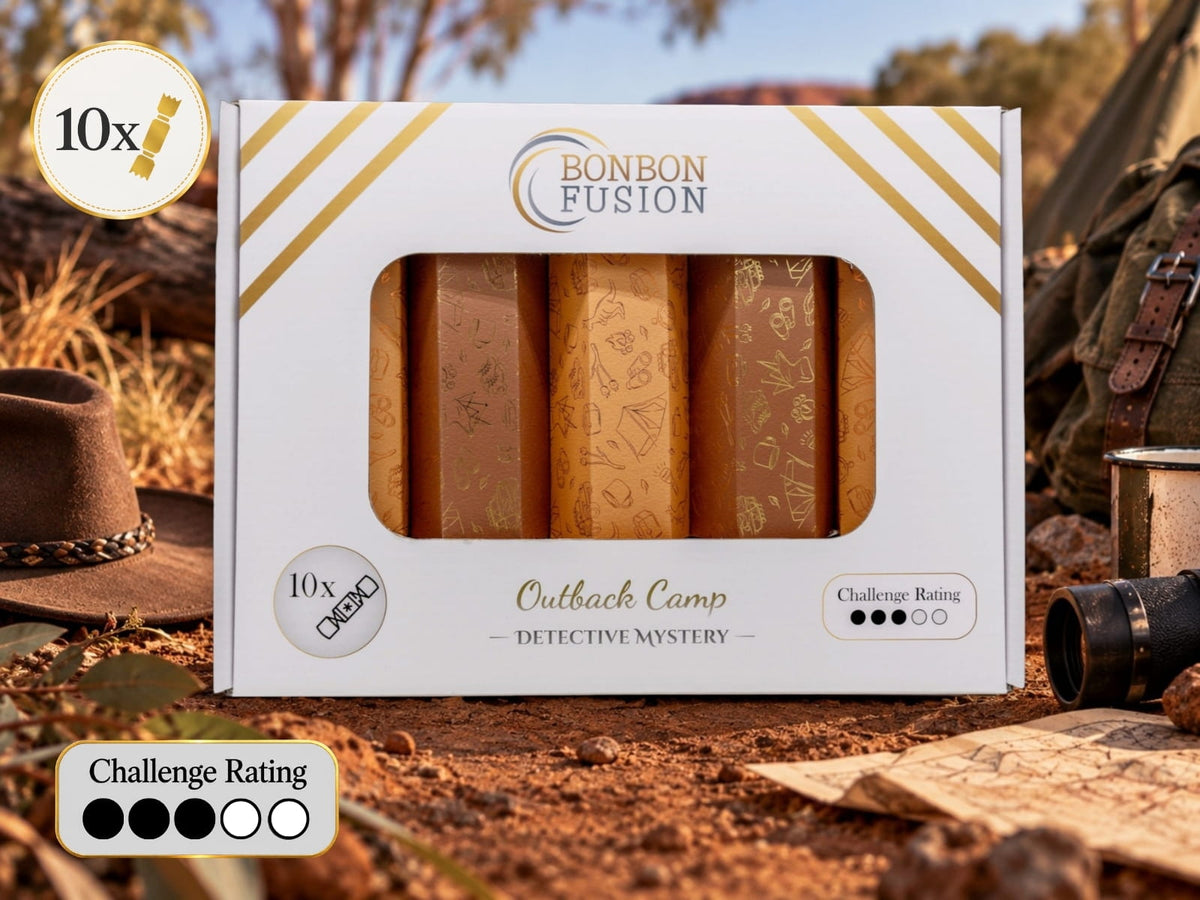 Bonbon Fusion Outback Camp Detective Mystery pack of ten orange and gold Christmas bonbons on red outback dirt beside an Akubra-style hat, binoculars, an enamel mug and a map, with a challenge rating of 3 out of 5